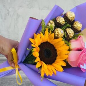 Ramillete de girasol rosas y chocolates